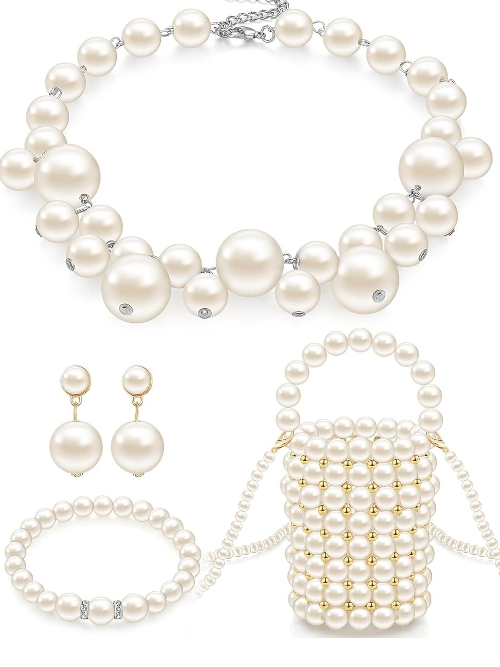 Pearl Jewelry Set Necklace Earrings Bracelet Beaded Bag - Ivory Pearlescent